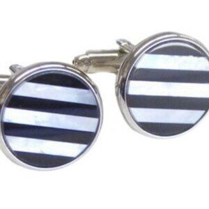 Round Face of Inlaid Stripes of Genuine Mother of Pearl & Genuine Onyx Cufflinks